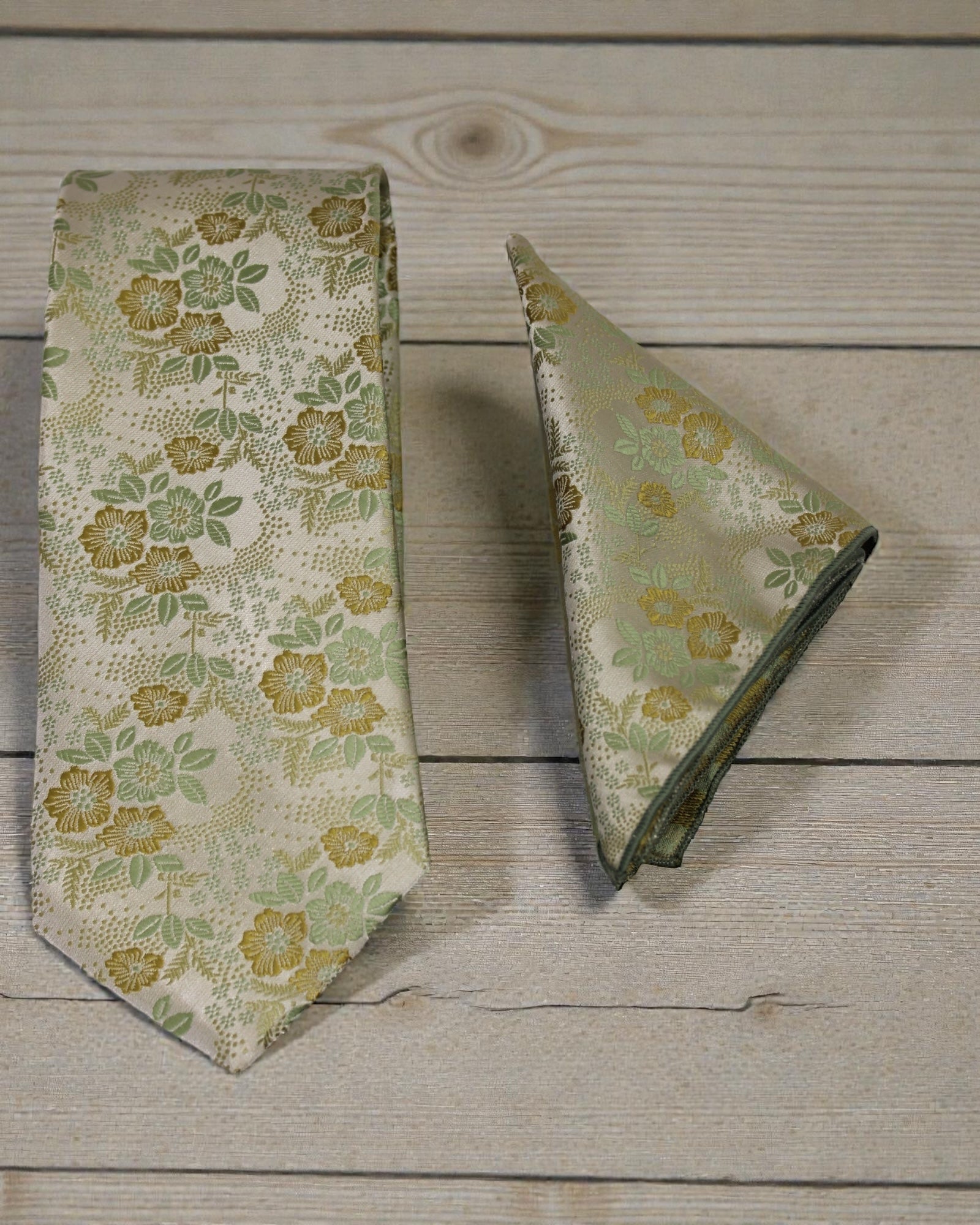 Ivory & Sage Floral Microsilk Tie & Pocket Square Set in Wooden Gift Box