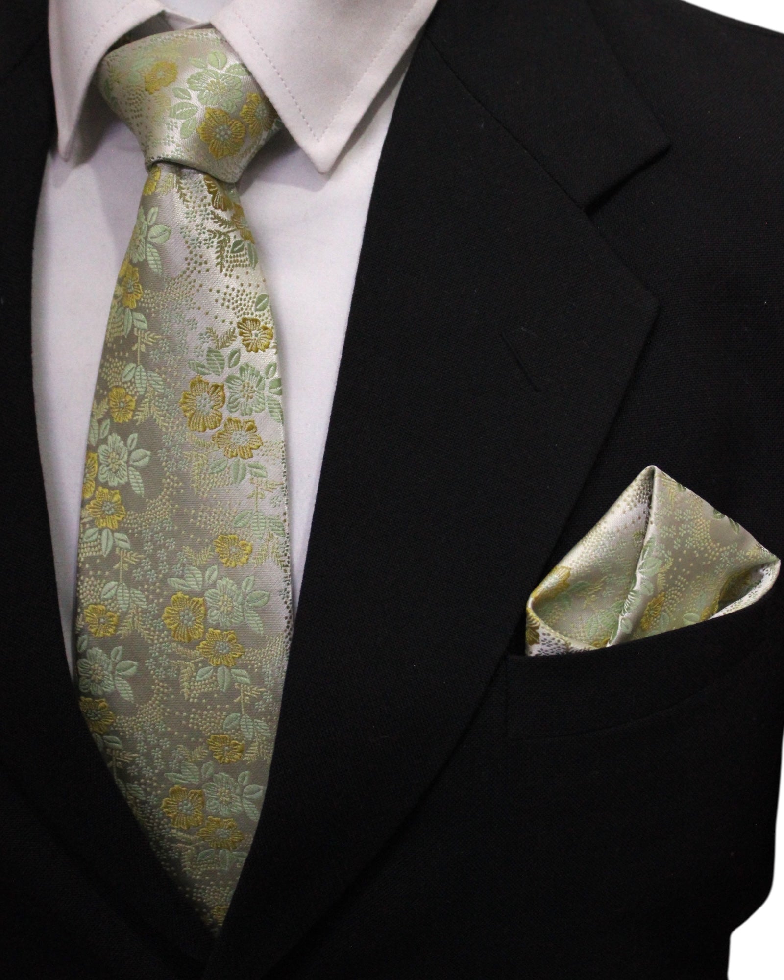 Ivory & Sage Floral Microsilk Tie & Pocket Square Set in Wooden Gift Box