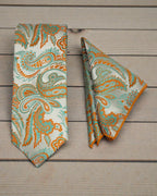 Sage Green & Burnt Orange Paisley Microsilk Tie & Pocket Square Set 