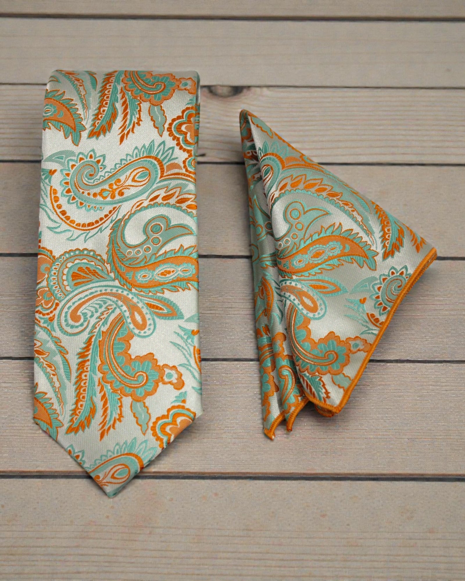 Sage Green & Burnt Orange Paisley Microsilk Tie & Pocket Square Set in Wooden Gift Box