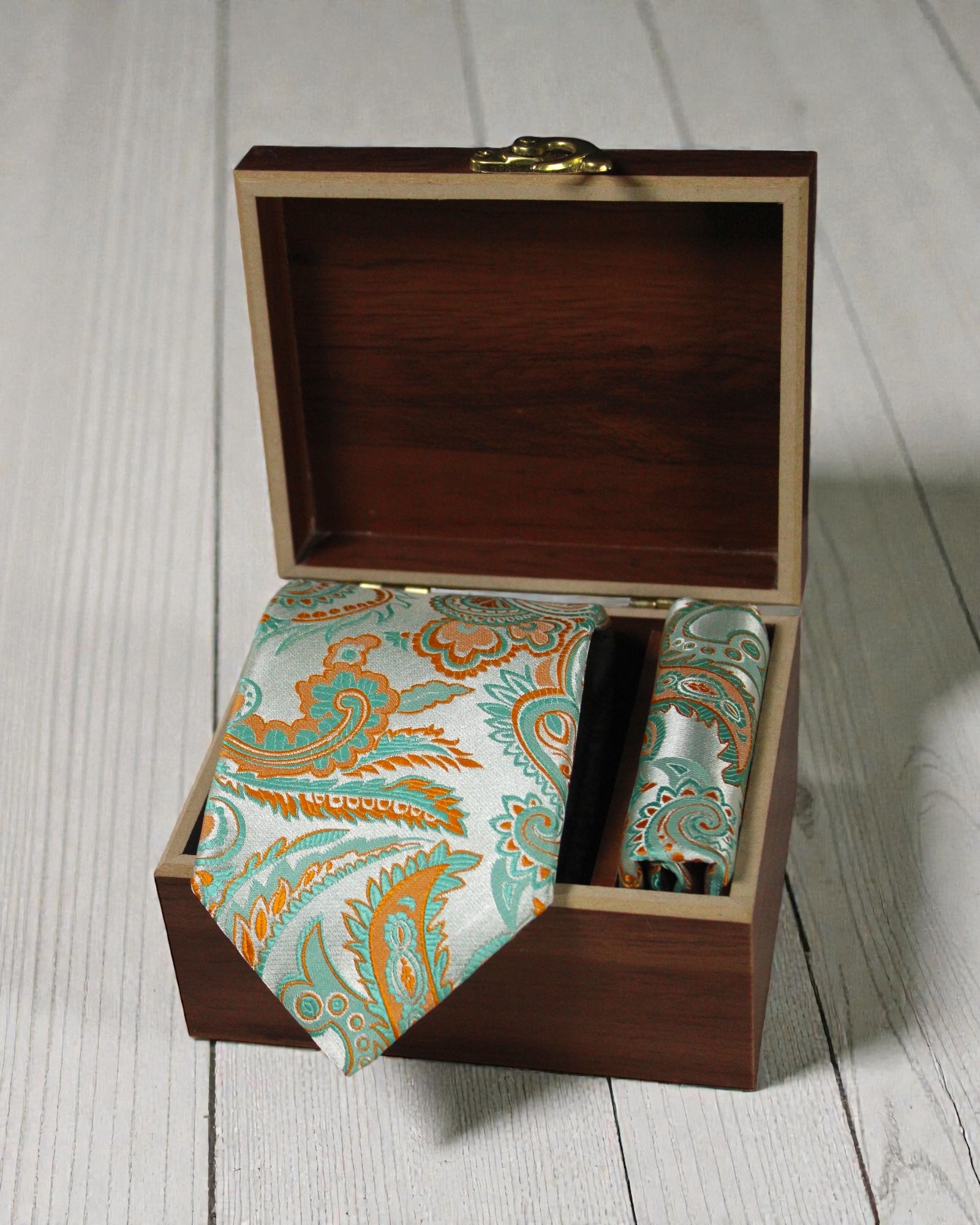 Sage Green & Burnt Orange Paisley Microsilk Tie & Pocket Square Set in Wooden Gift Box