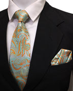 Sage Green & Burnt Orange Paisley Microsilk Tie & Pocket Square Set 