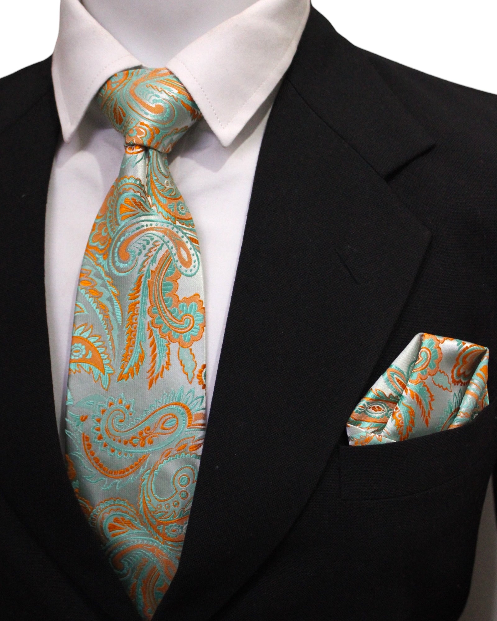 Sage Green & Burnt Orange Paisley Microsilk Tie & Pocket Square Set in Wooden Gift Box