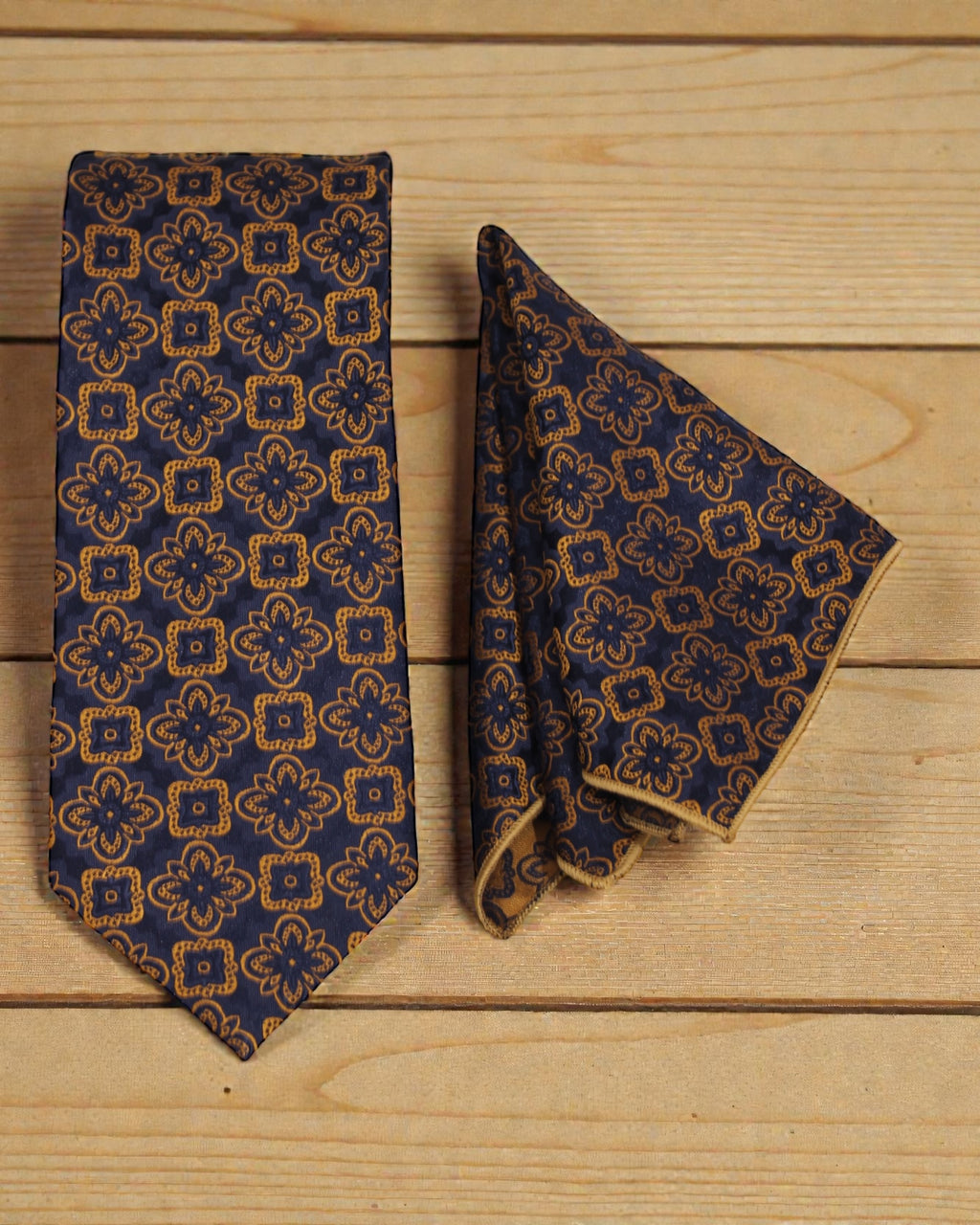 Navy Blue & Gold Geometric Microsilk Tie & Pocket Square Set