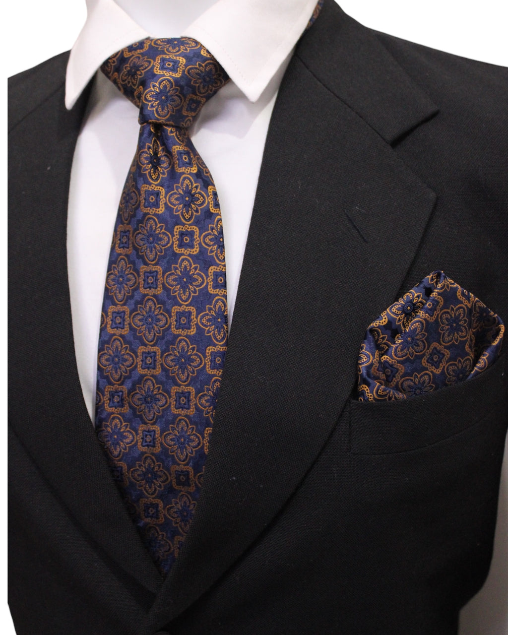 Navy Blue & Gold Geometric Microsilk Tie & Pocket Square Set