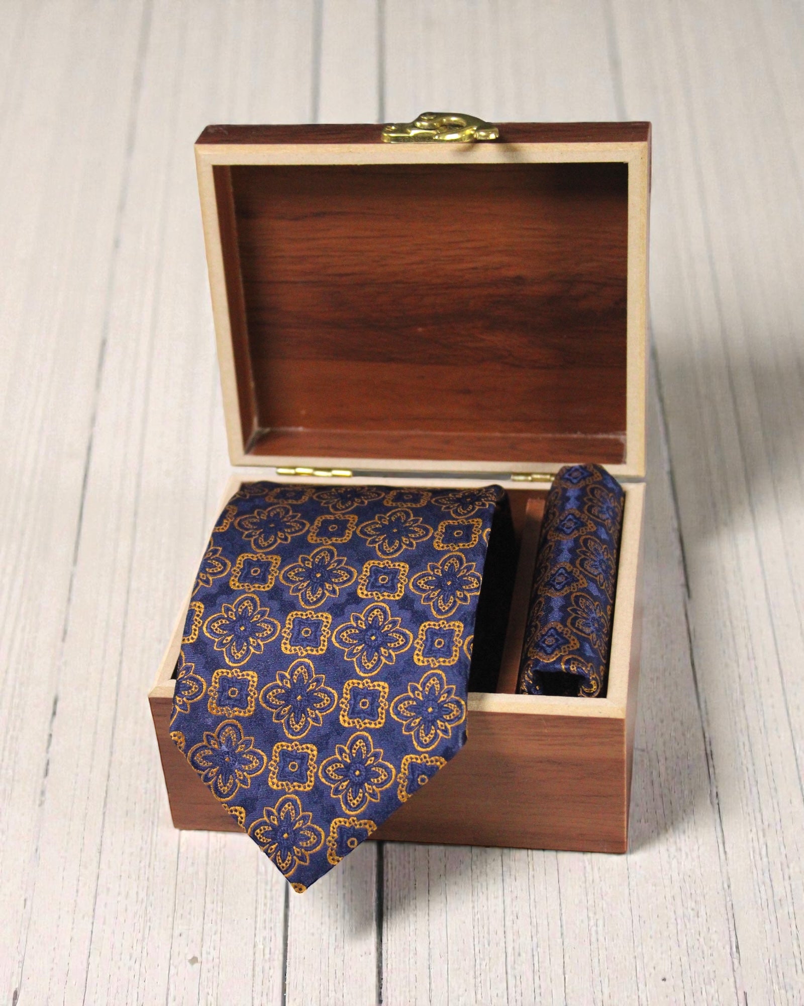 Navy Blue & Gold Geometric Microsilk Tie & Pocket Square Set