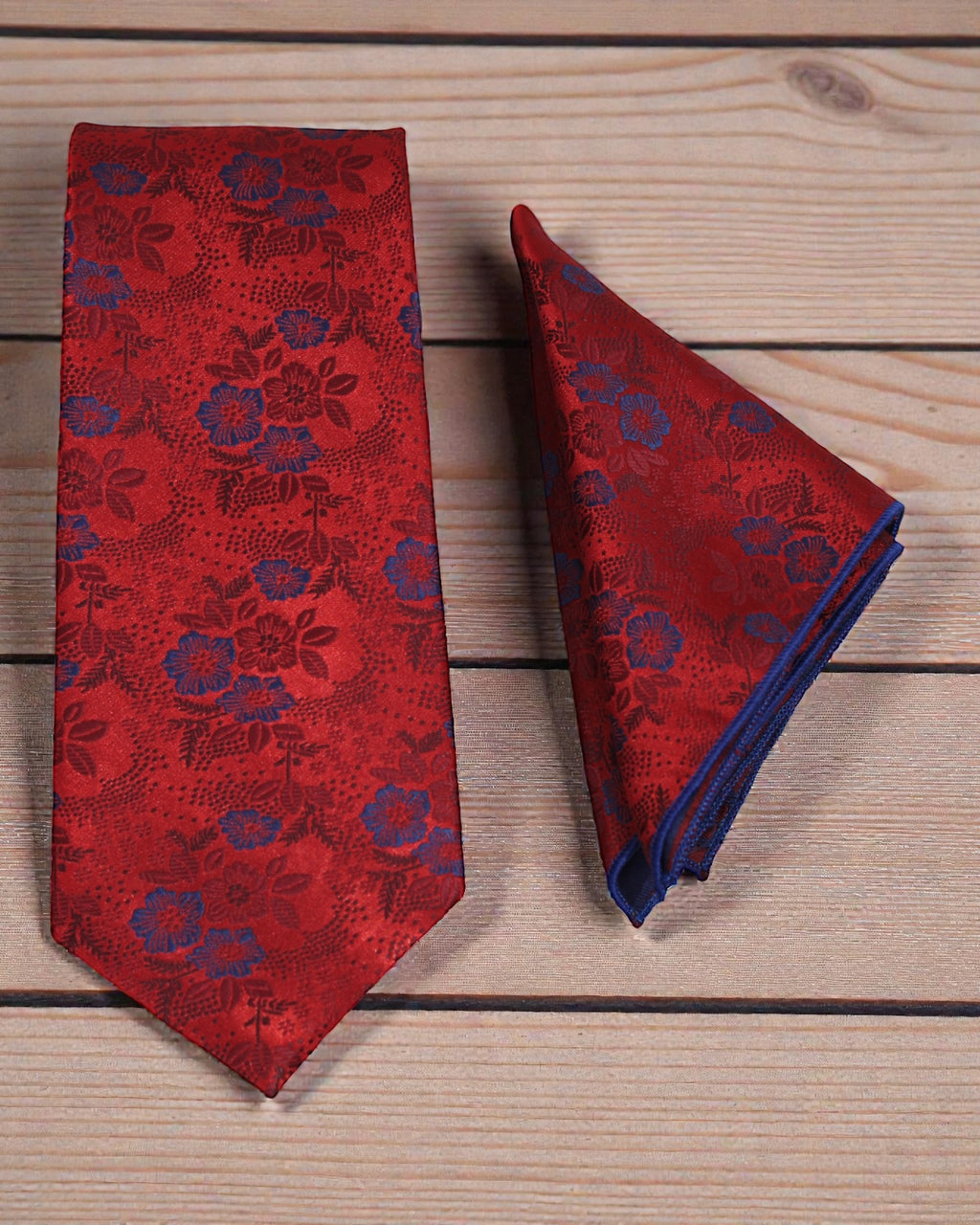 Burgundy Red & Royal Blue Floral Microsilk Tie & Pocket Square Set 