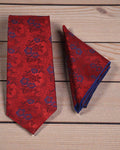 Burgundy Red & Royal Blue Floral Microsilk Tie & Pocket Square Set 