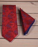 Burgundy Red & Royal Blue Floral Microsilk Tie & Pocket Square Set 