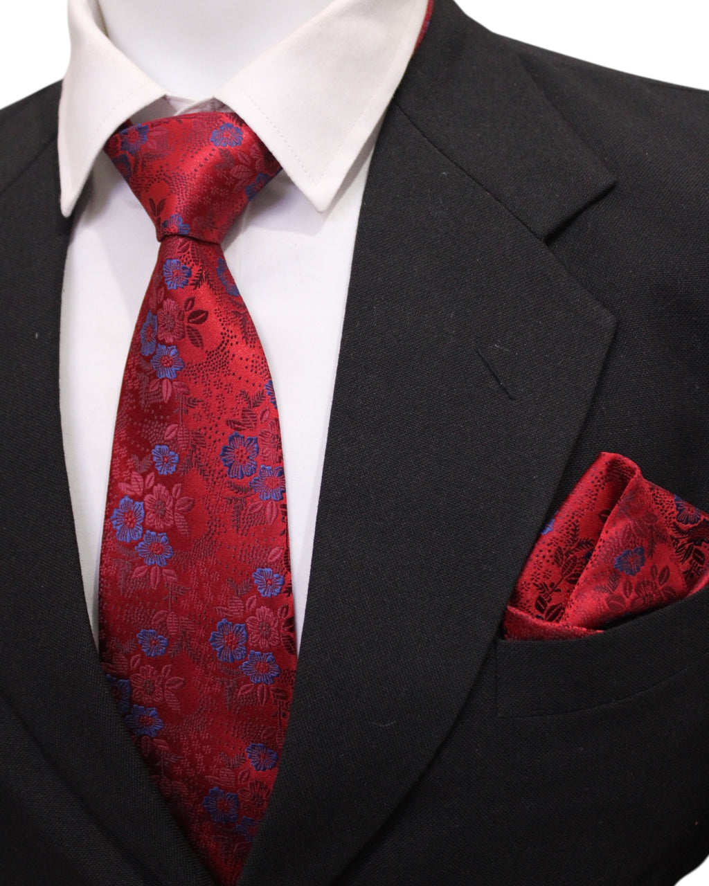 Burgundy Red & Royal Blue Floral Microsilk Tie & Pocket Square Set 
