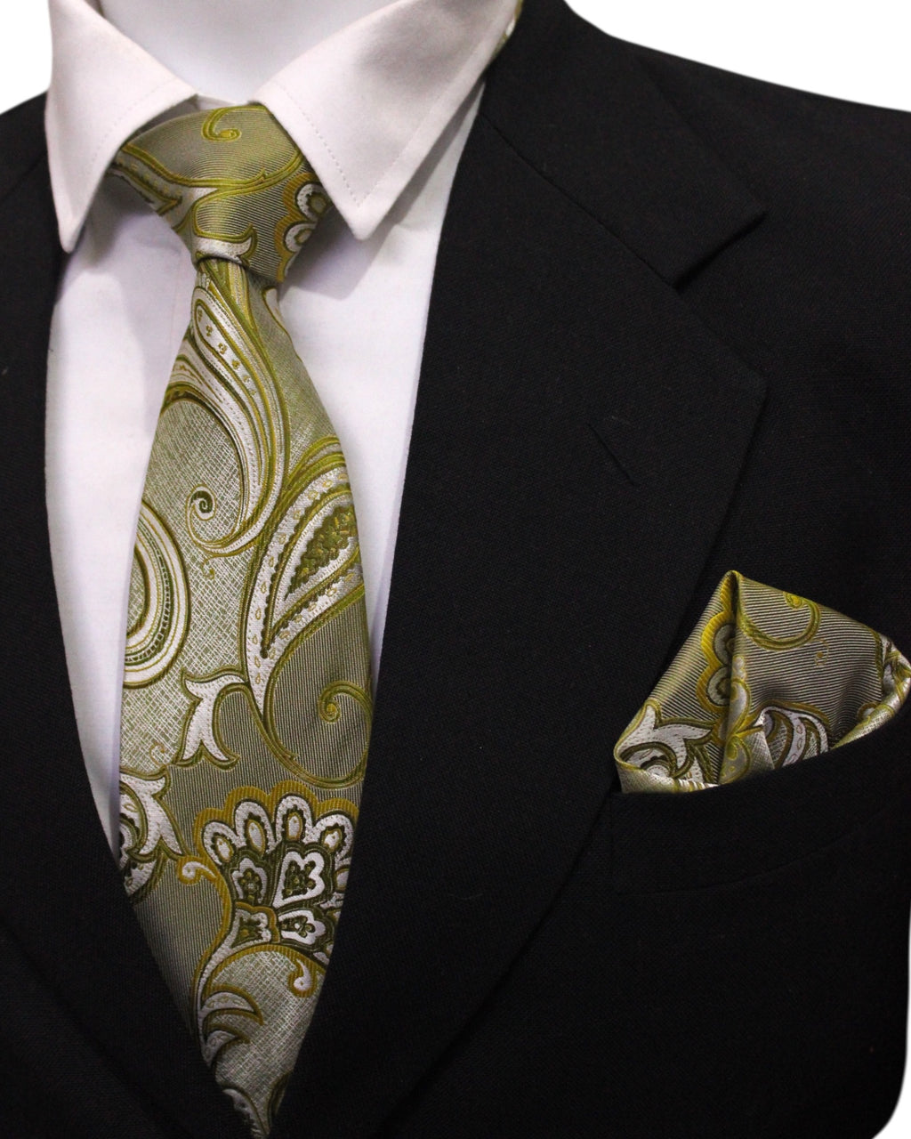 Olive Green Paisley Microsilk Tie & Pocket Square Set