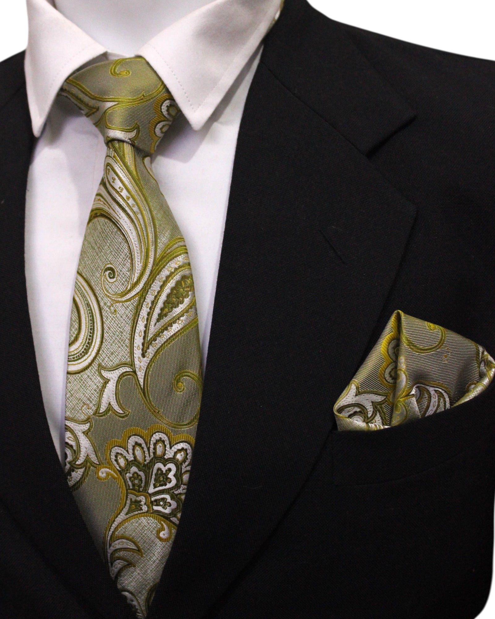 Olive Green Paisley Microsilk Tie & Pocket Square Set