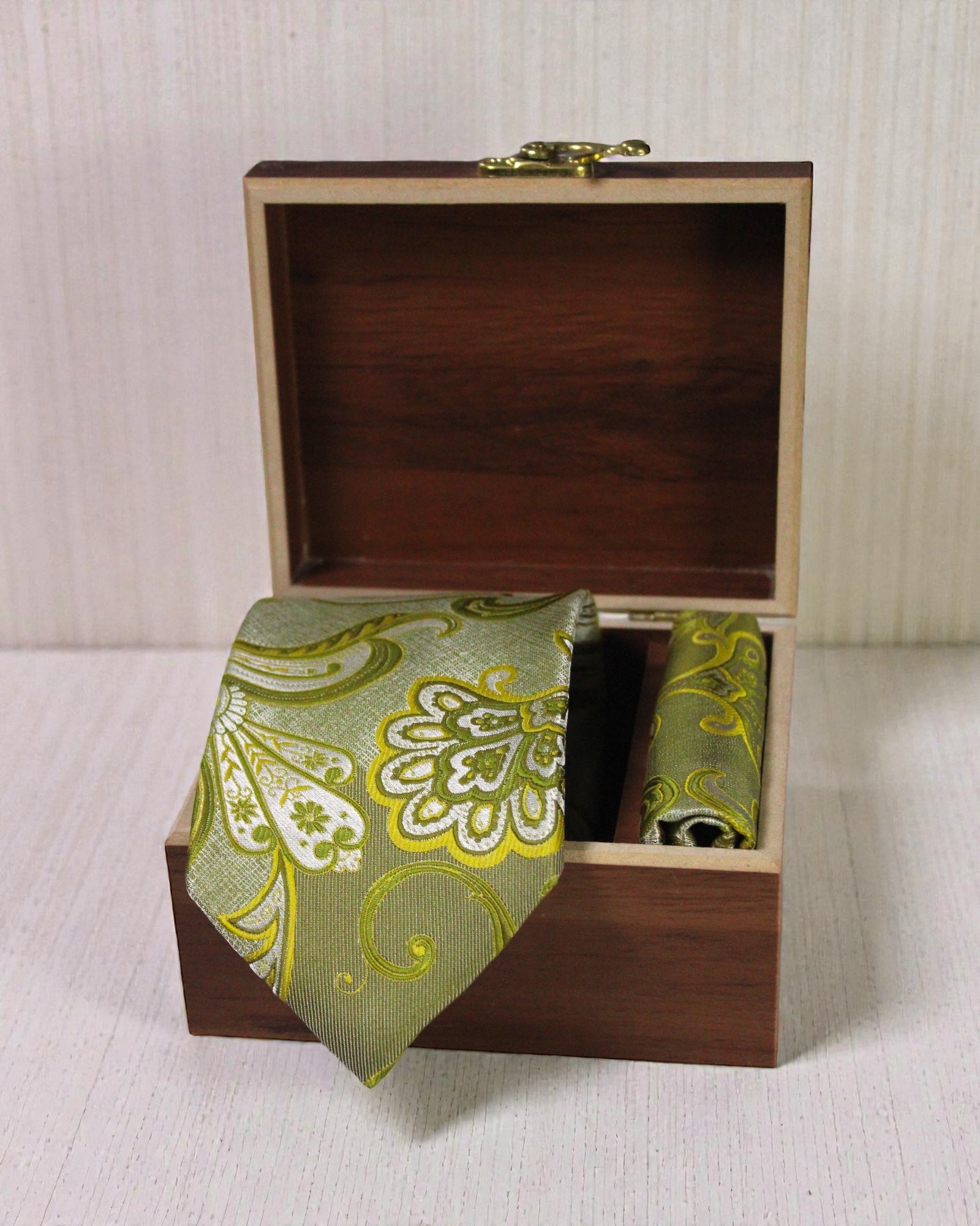 Olive Green Paisley Microsilk Tie & Pocket Square Set