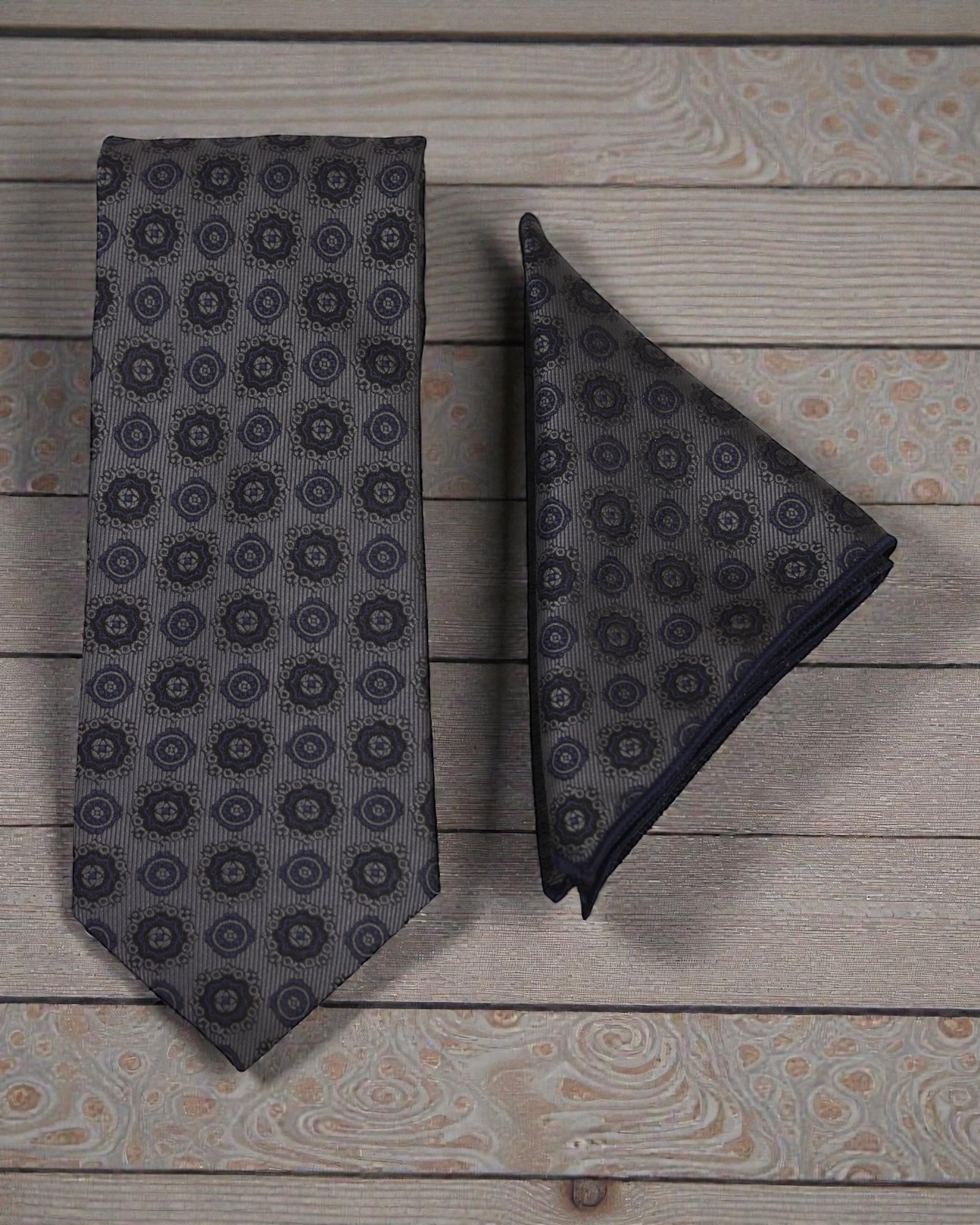 Dark Grey Geometric Microsilk Tie & Pocket Square Set