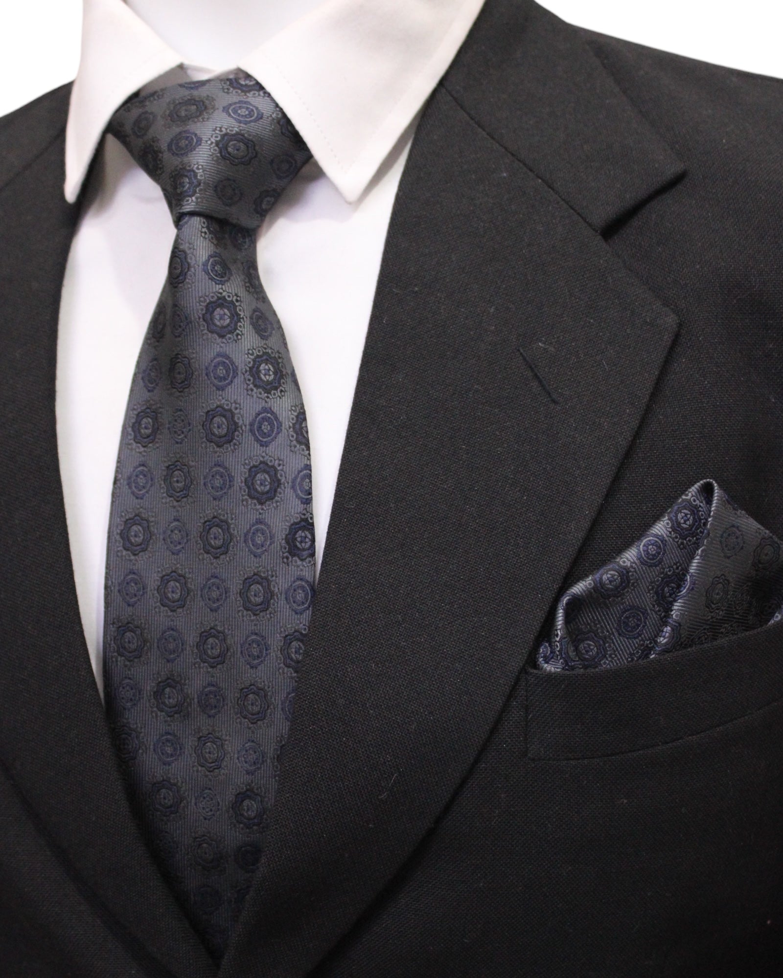 Dark Grey Geometric Microsilk Tie & Pocket Square Set