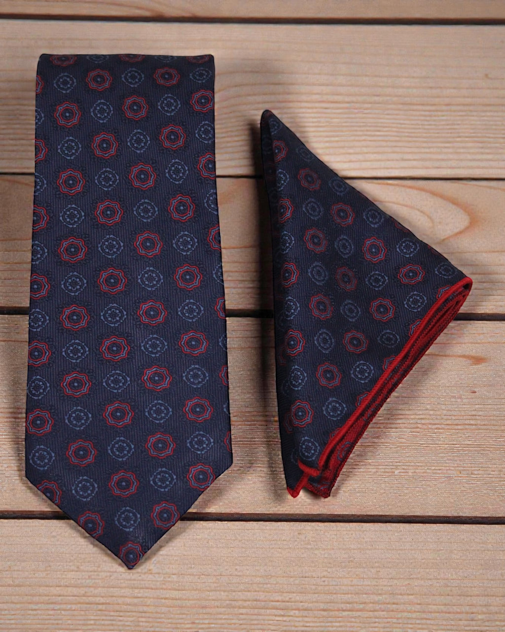 Navy & Red Medallion Microsilk Tie & Pocket Square Set