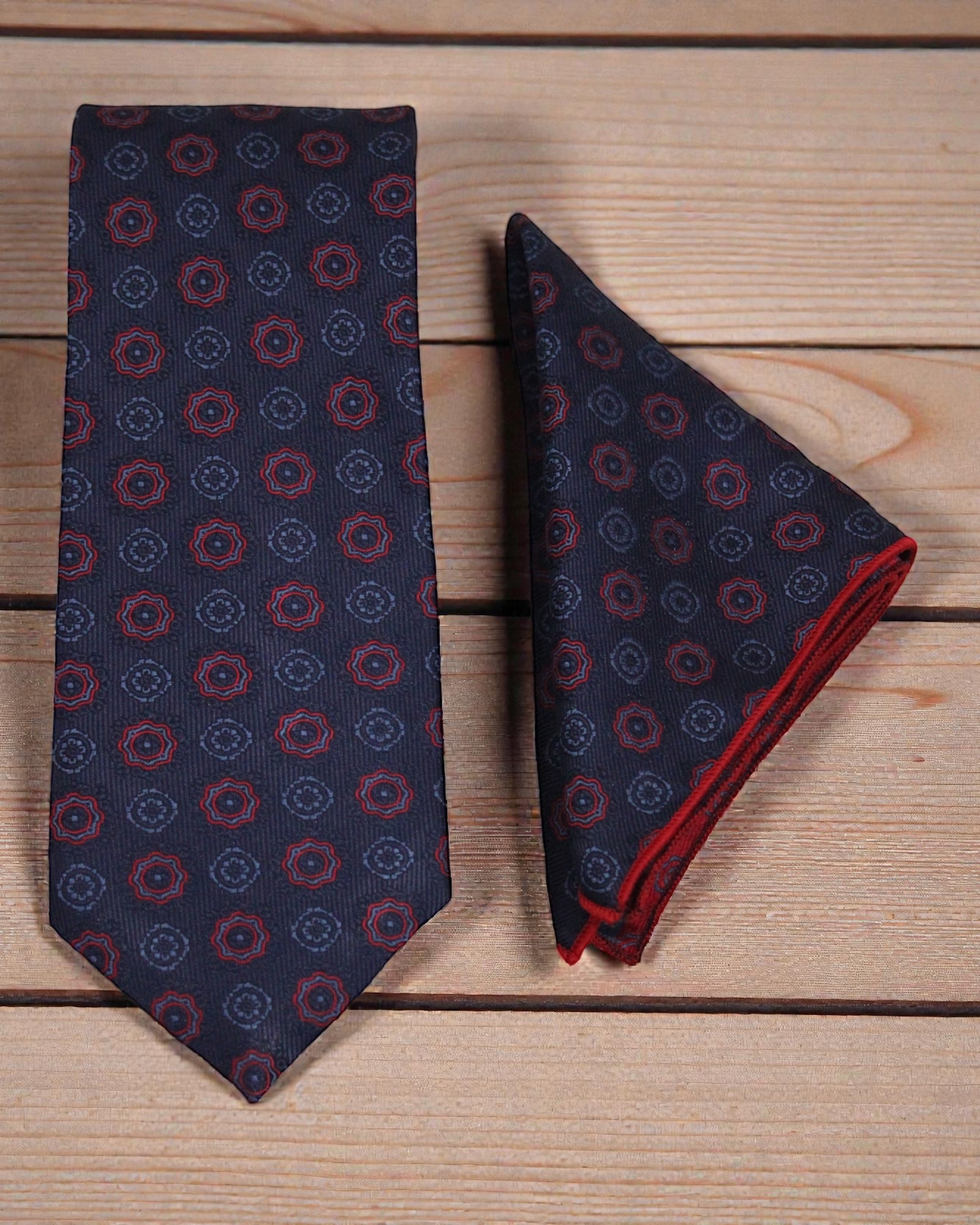 Navy & Red Medallion Microsilk Tie & Pocket Square Set