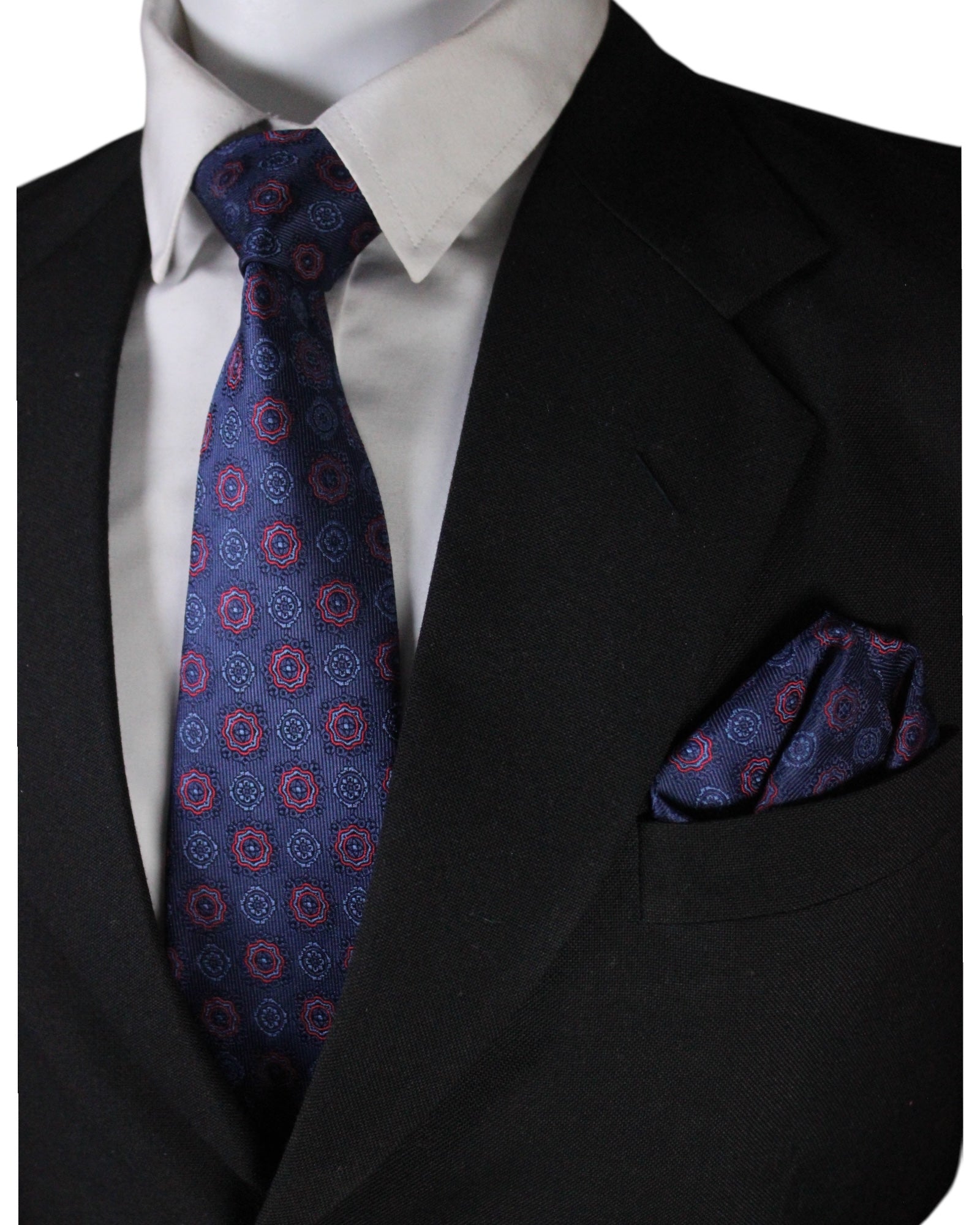 Navy & Red Medallion Microsilk Tie & Pocket Square Set