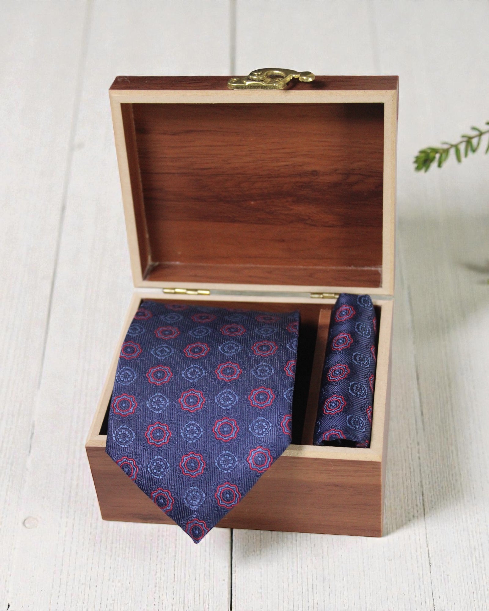 Navy & Red Medallion Microsilk Tie & Pocket Square Set