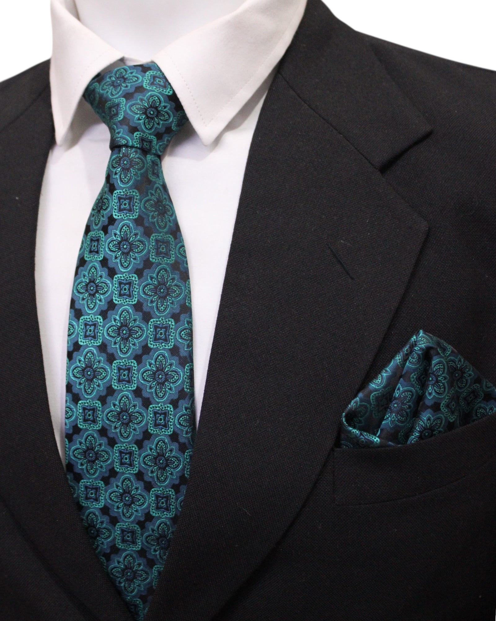 Teal & Navy Medallion Microsilk Tie & Pocket Square Set