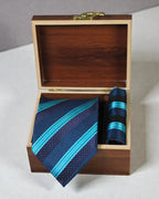 Navy Blue & Teal Striped Microsilk Tie & Pocket Square Set