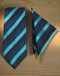 Navy Blue & Teal Striped Microsilk Tie & Pocket Square Set