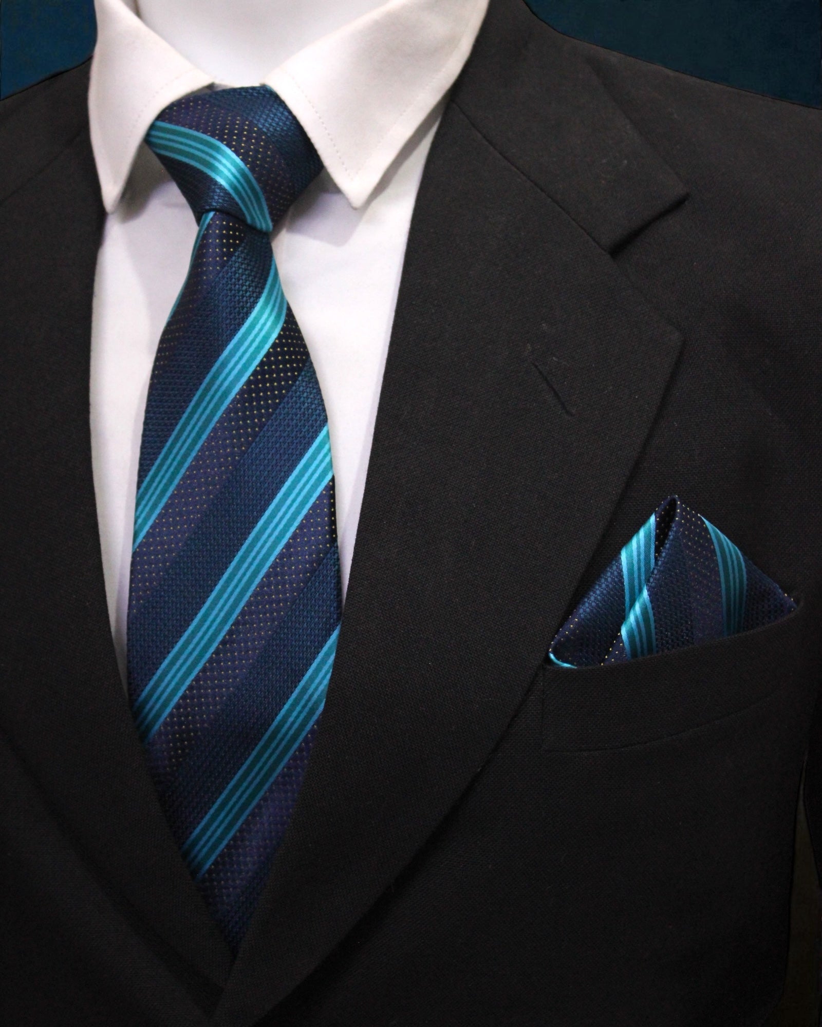 Navy Blue & Teal Striped Microsilk Tie & Pocket Square Set