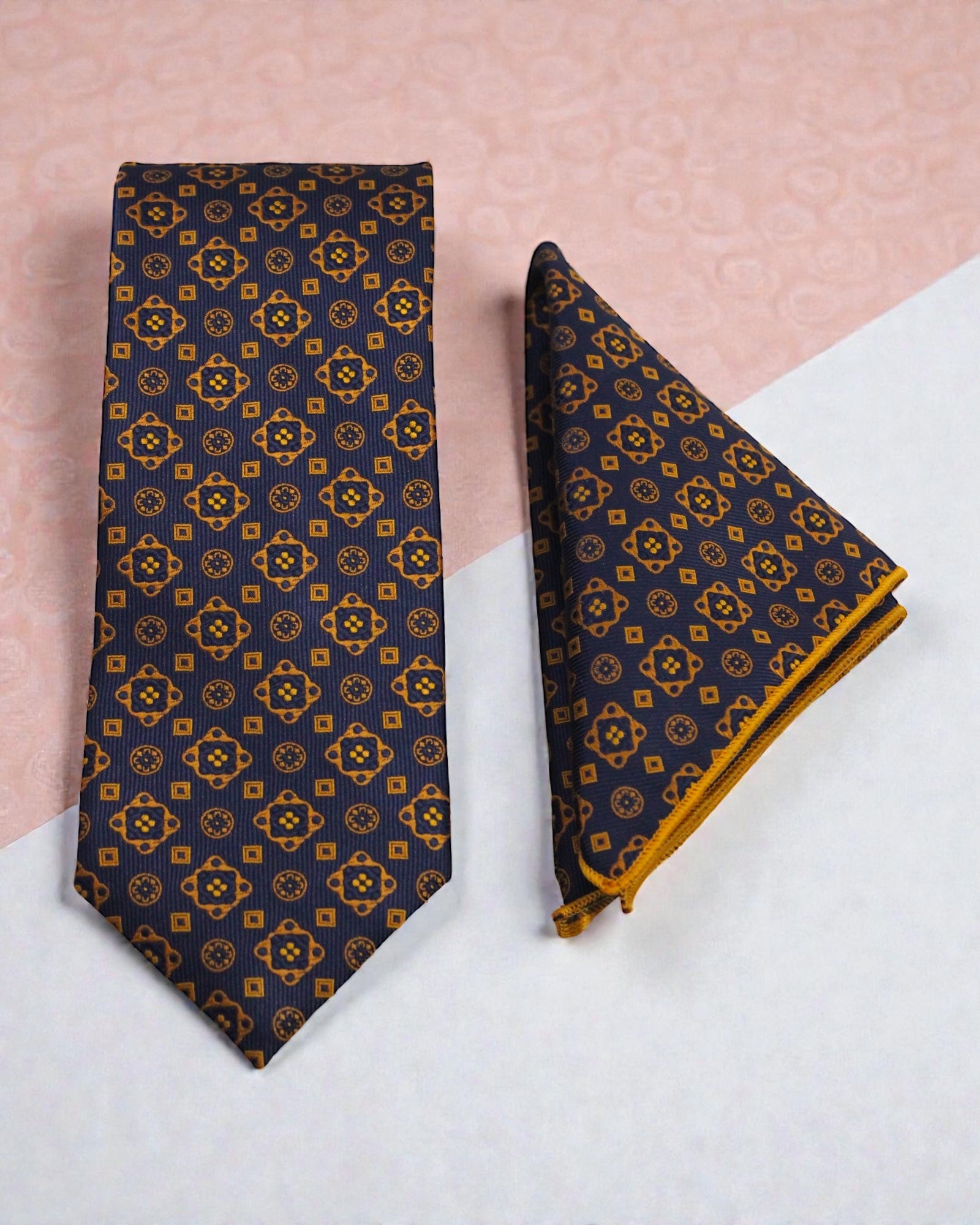 Navy Blue & Gold Geometric Microsilk Tie & Pocket Square Set