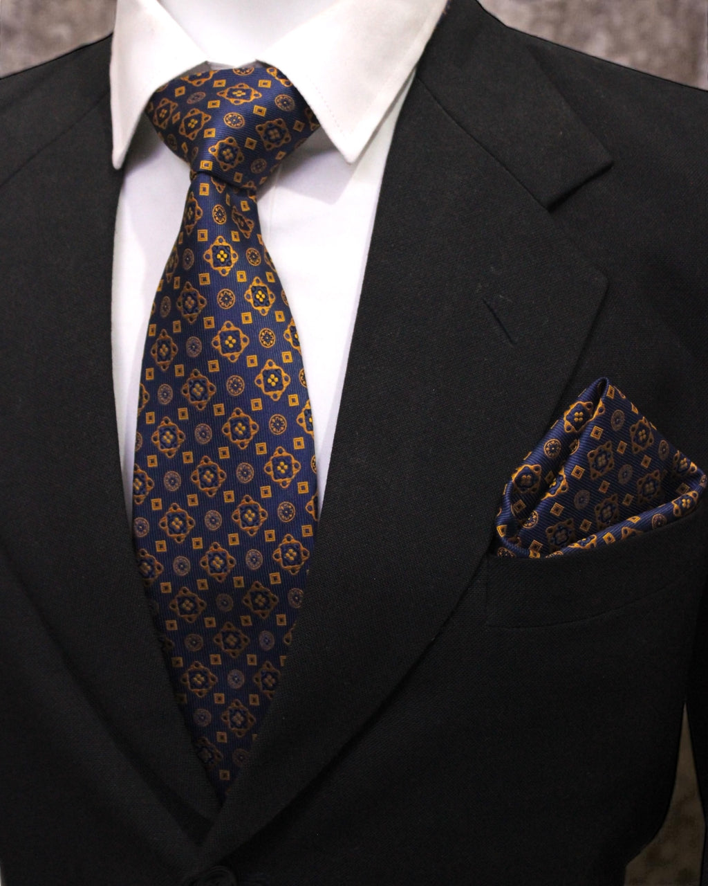 Navy Blue & Gold Geometric Microsilk Tie & Pocket Square Set