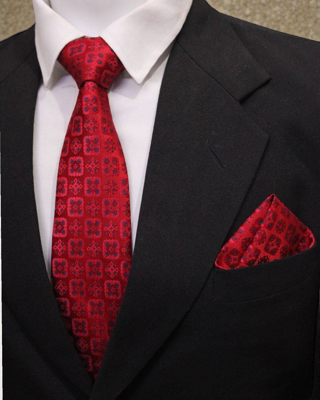 Crimson Red Floral Microsilk Tie & Pocket Square Set