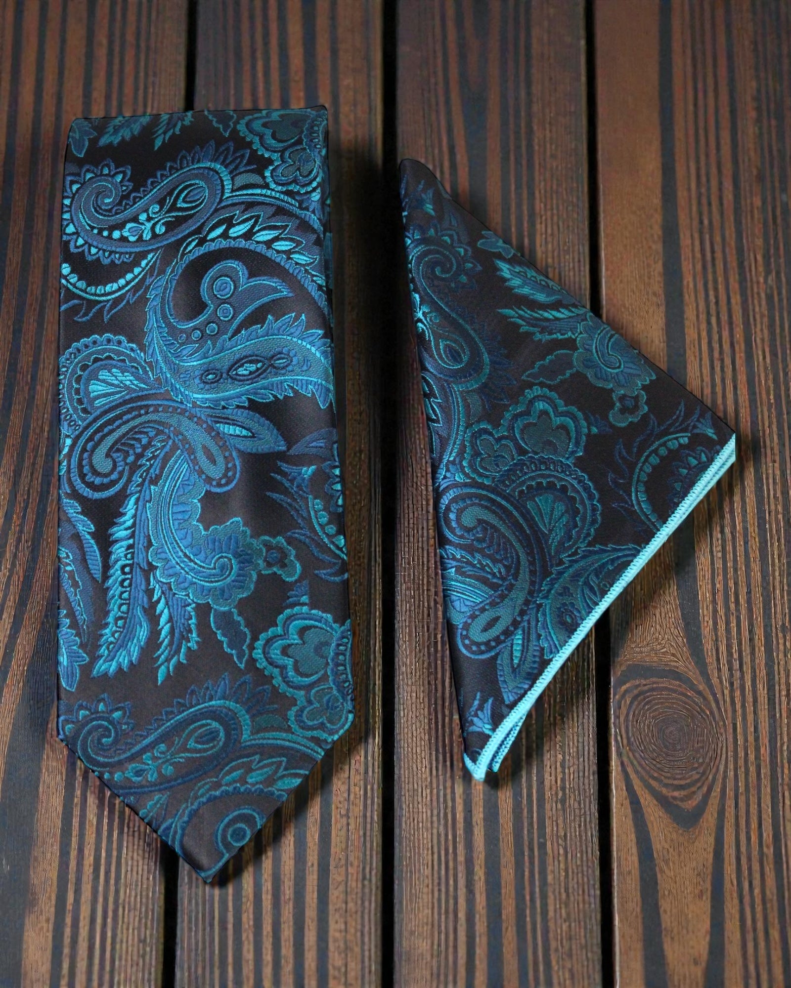 Teal Blue Paisley Microsilk Tie & Pocket Square Set