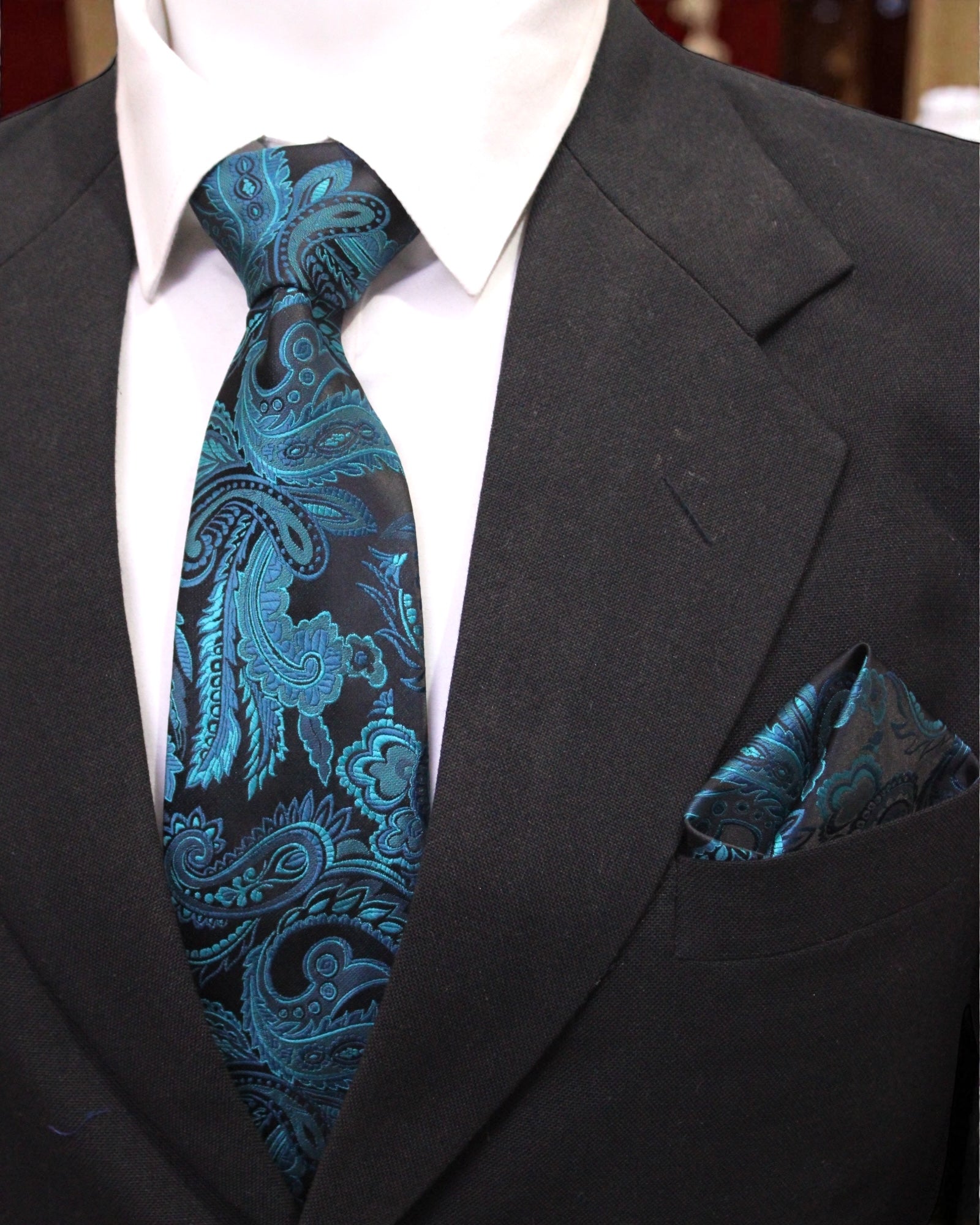 Teal Blue Paisley Microsilk Tie & Pocket Square Set