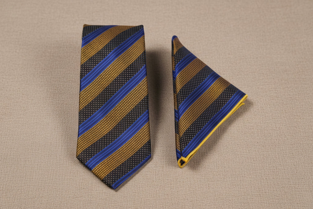 Navy Blue & Gold Striped Microsilk Tie and Pocket Square Set