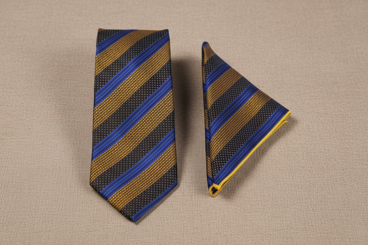 Striped tie and pocket square set on a wooden surface