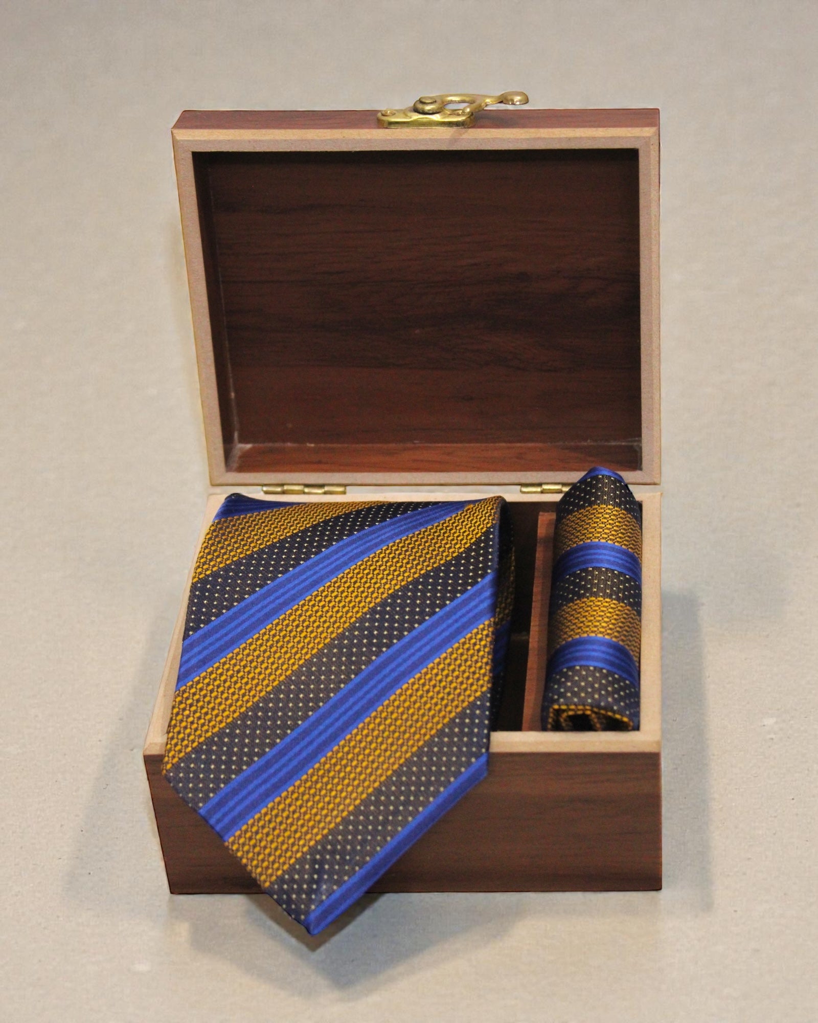 Navy Blue & Gold Striped Microsilk Tie and Pocket Square Set