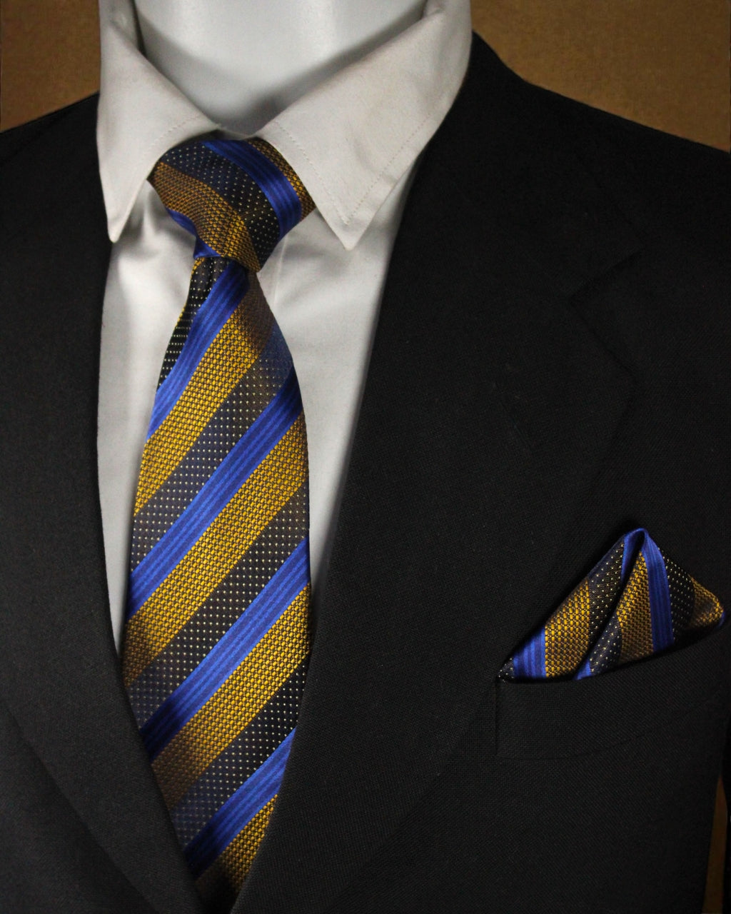 Navy Blue & Gold Striped Microsilk Tie and Pocket Square Set