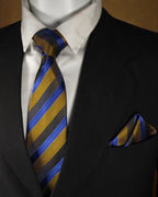 Navy Blue & Gold Striped Microsilk Tie and Pocket Square Set
