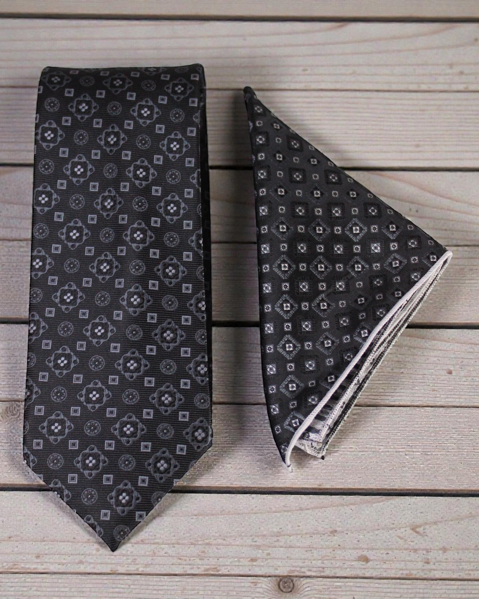 Black & Silver Medallion Microsilk Tie & Pocket Square Set