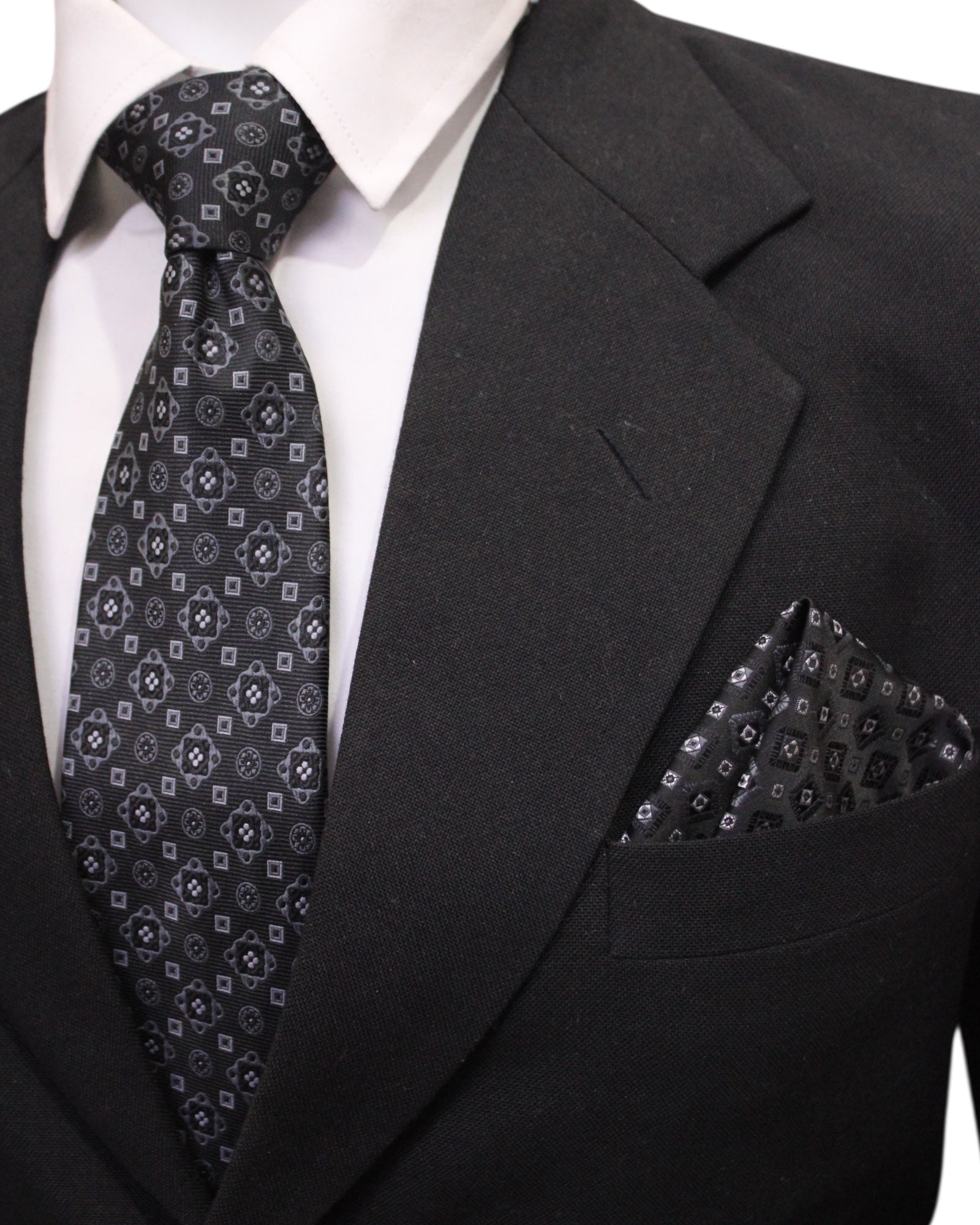 Black & Silver Medallion Microsilk Tie & Pocket Square Set