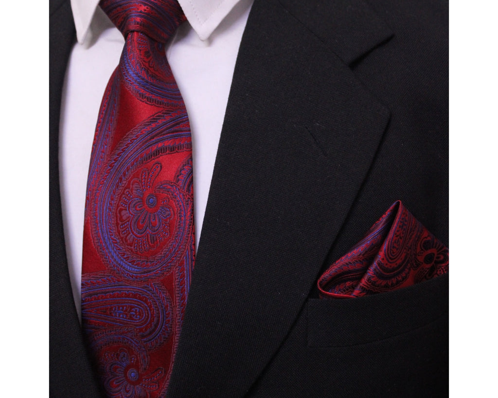Red & Blue Paisley Microsilk Tie & Pocket Square Set