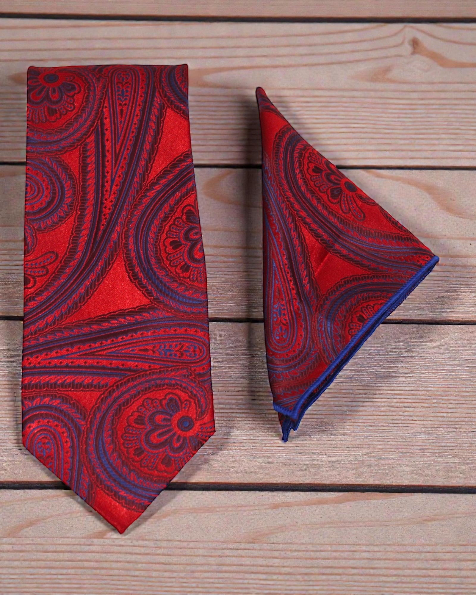 Red & Blue Paisley Microsilk Tie & Pocket Square Set