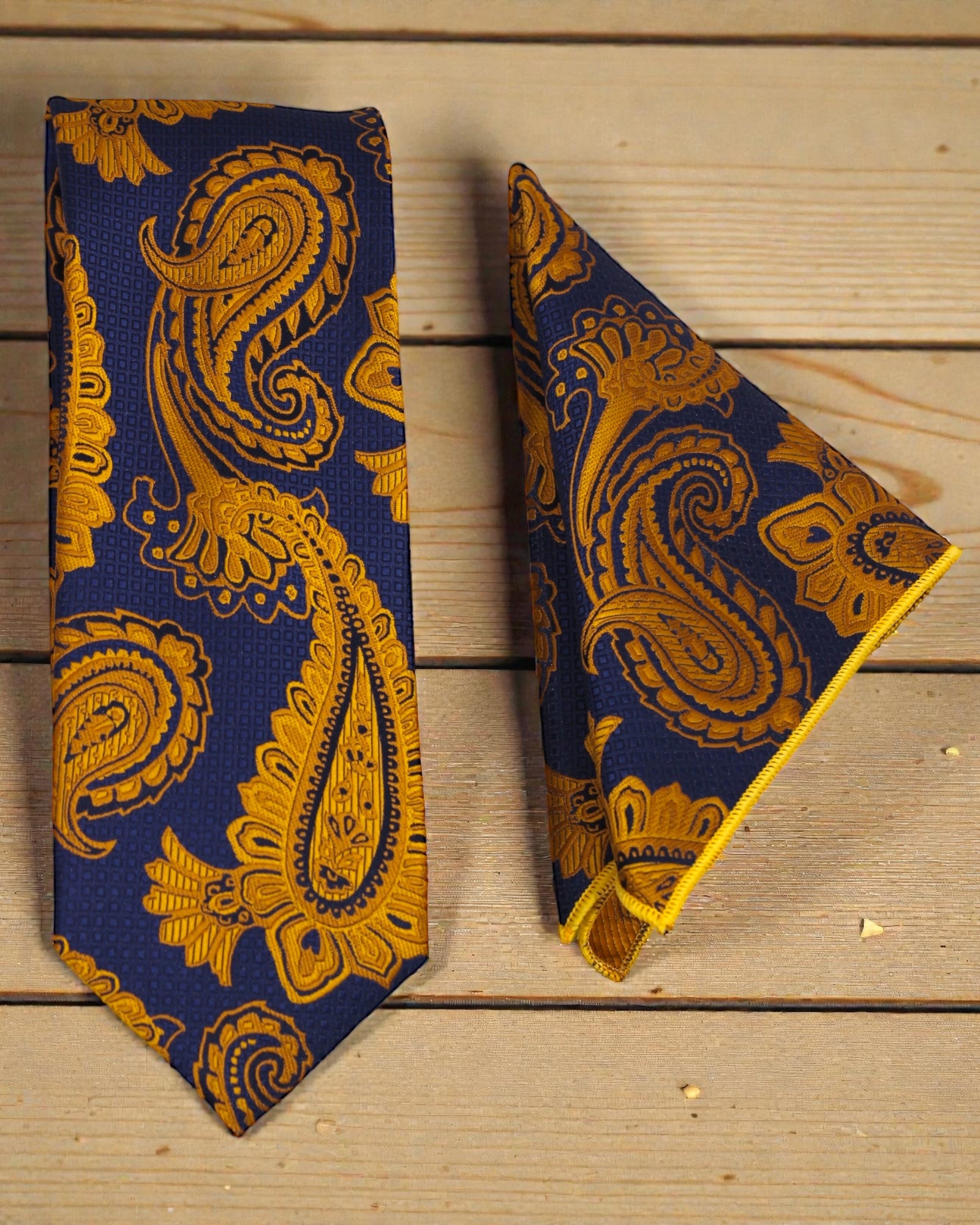 Navy Blue & Mustard Paisley Microsilk Tie & Pocket Square Set