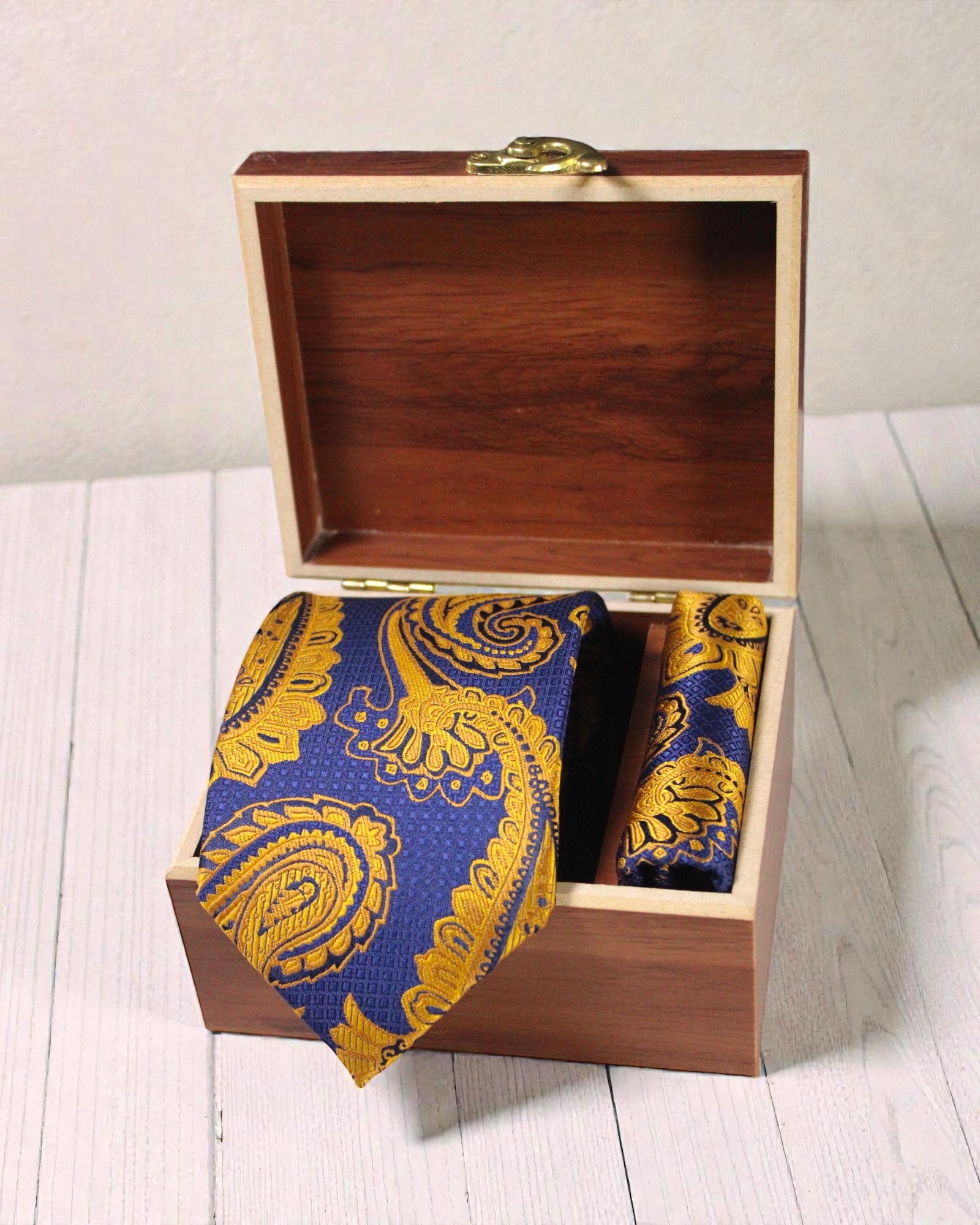 Navy Blue & Mustard Paisley Microsilk Tie & Pocket Square Set