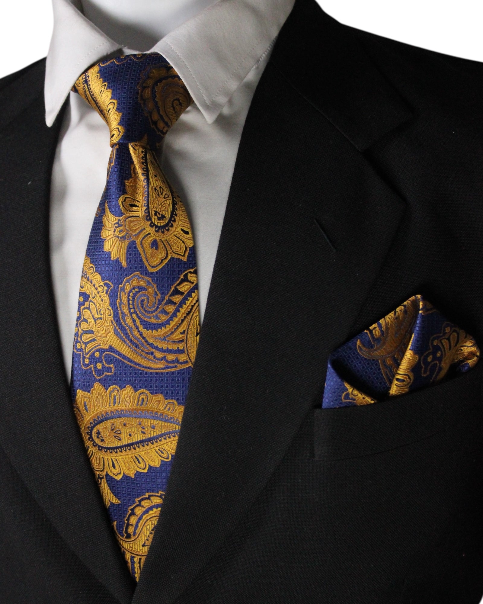 Navy Blue & Mustard Paisley Microsilk Tie & Pocket Square Set