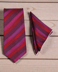 Burgundy & Blue Striped Microsilk Tie & Pocket Square Set