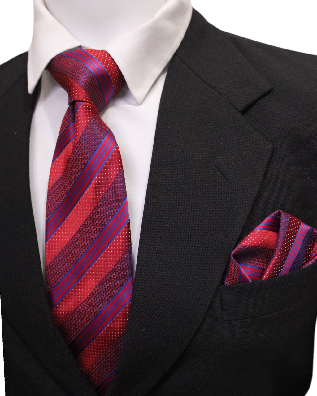 Burgundy & Blue Striped Microsilk Tie & Pocket Square Set