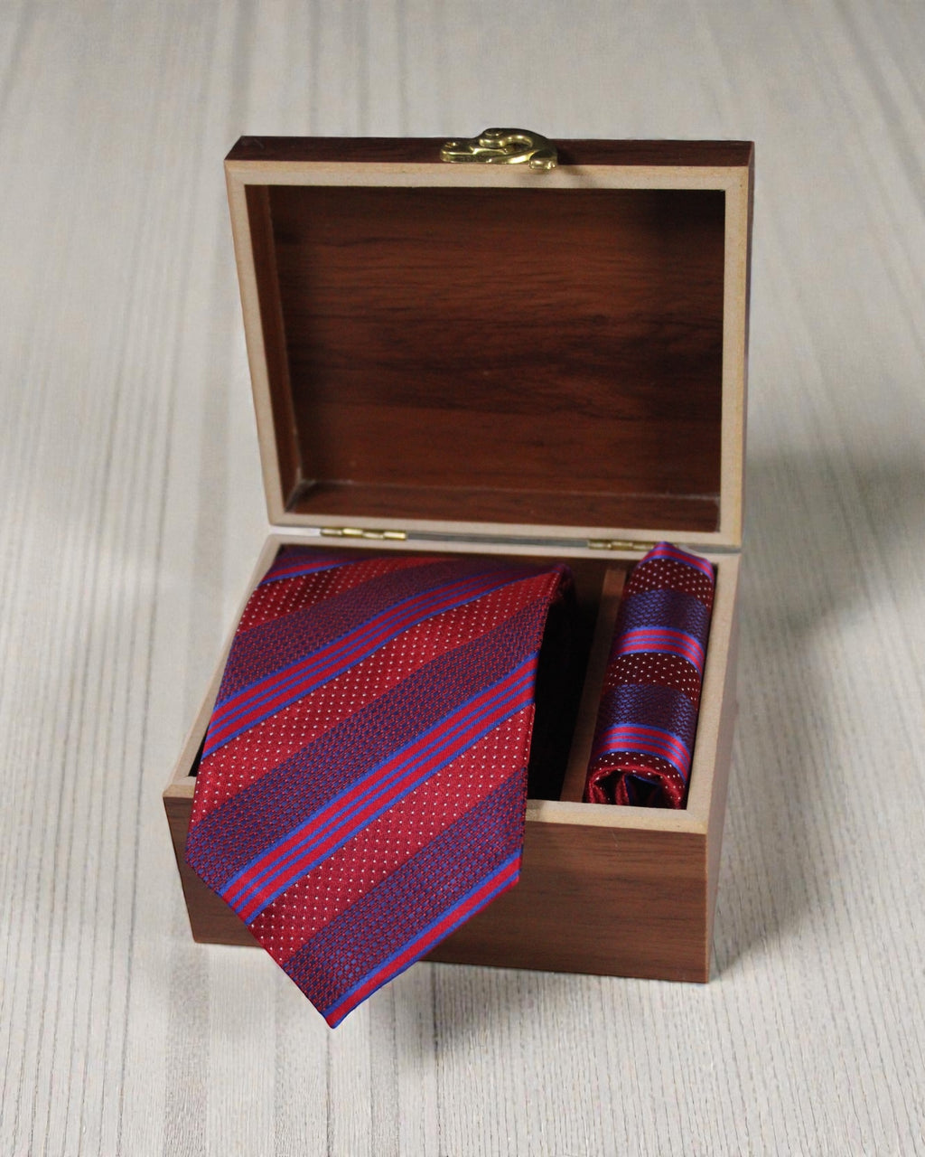 Burgundy & Blue Striped Microsilk Tie & Pocket Square Set