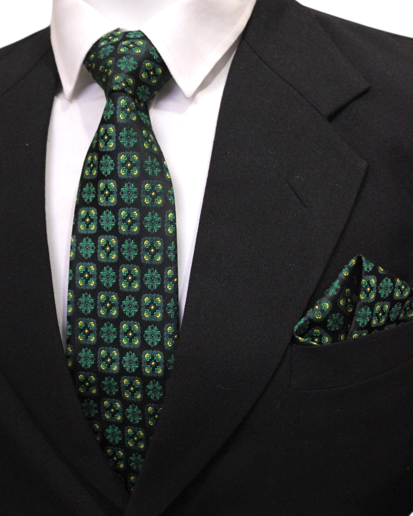 Black & Green Floral Microsilk Tie & Pocket Square Set