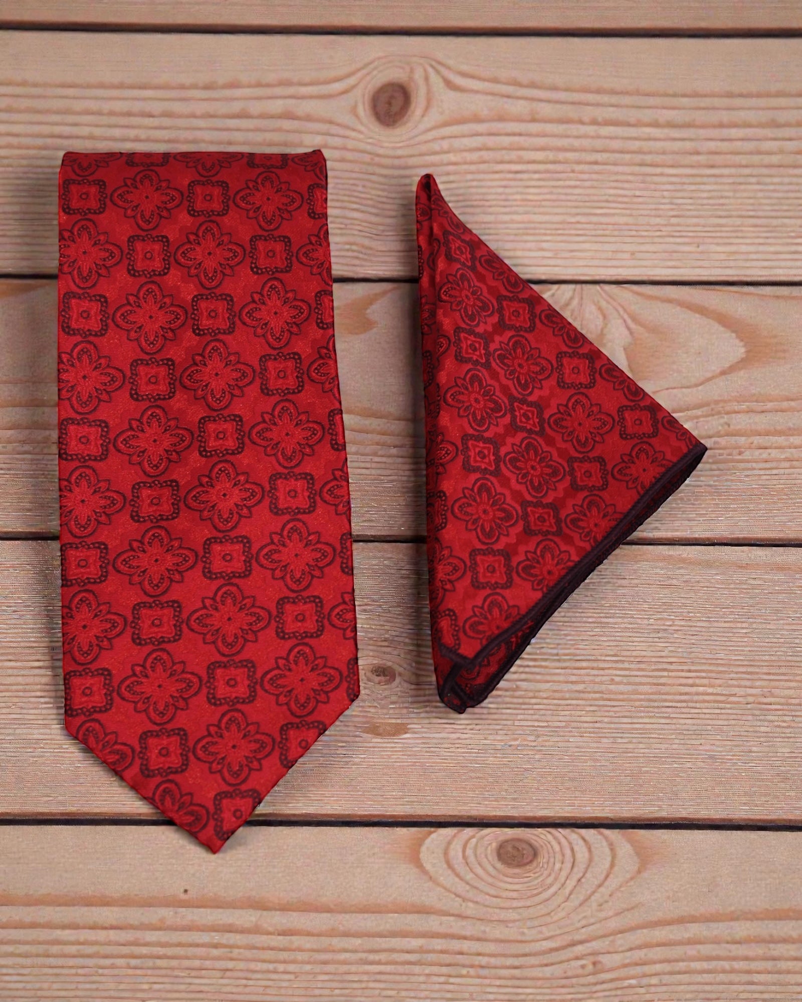 Crimson Red Floral Microsilk Tie & Pocket Square Set