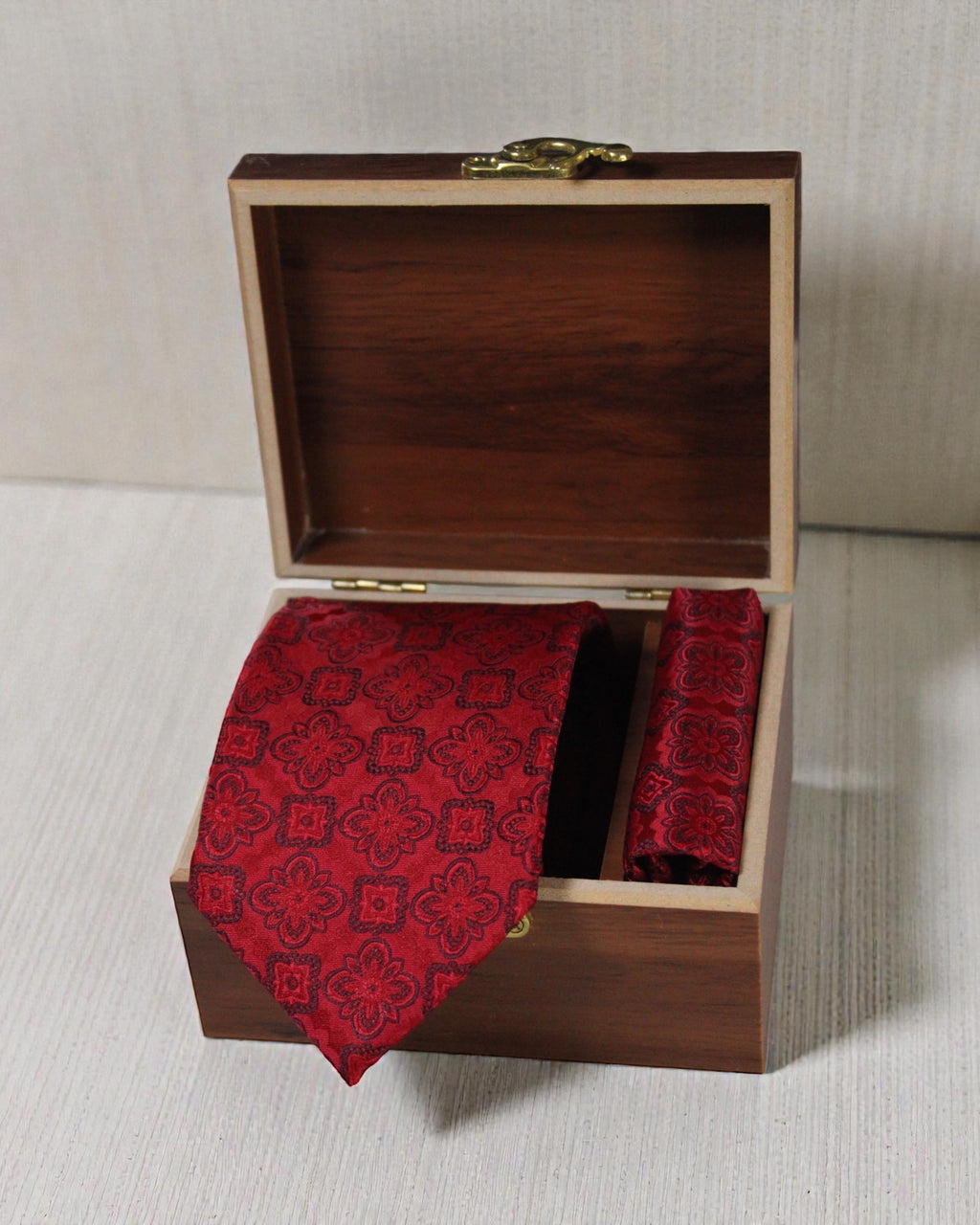 Crimson Red Floral Microsilk Tie & Pocket Square Set
